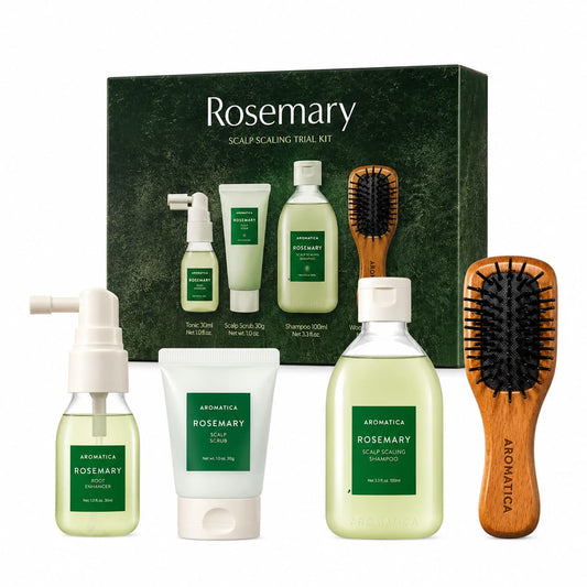 Aromatica – Rosemary Scalp Scaling Trial Kit (With Mini Wooden Hair Brush) – 1set (4items)